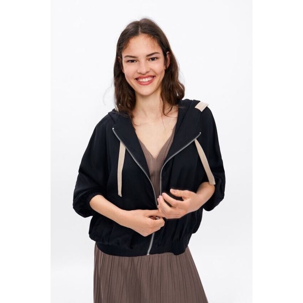Zara Bomber Jacket Womens Medium Black Tan‎ Hooded Full Zip Oversized Gorpcore